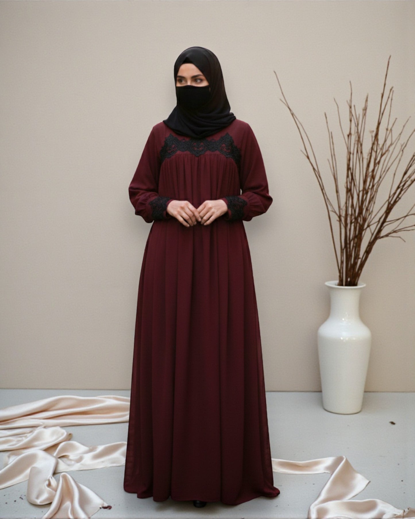 Lose Fit Abaya Like Dress With  Pearl Lace Work-Medium
