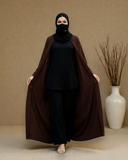 Premium Front Open Abaya for Women in Seltos Fabric with Pin Tuck Detailing and Black Hijab