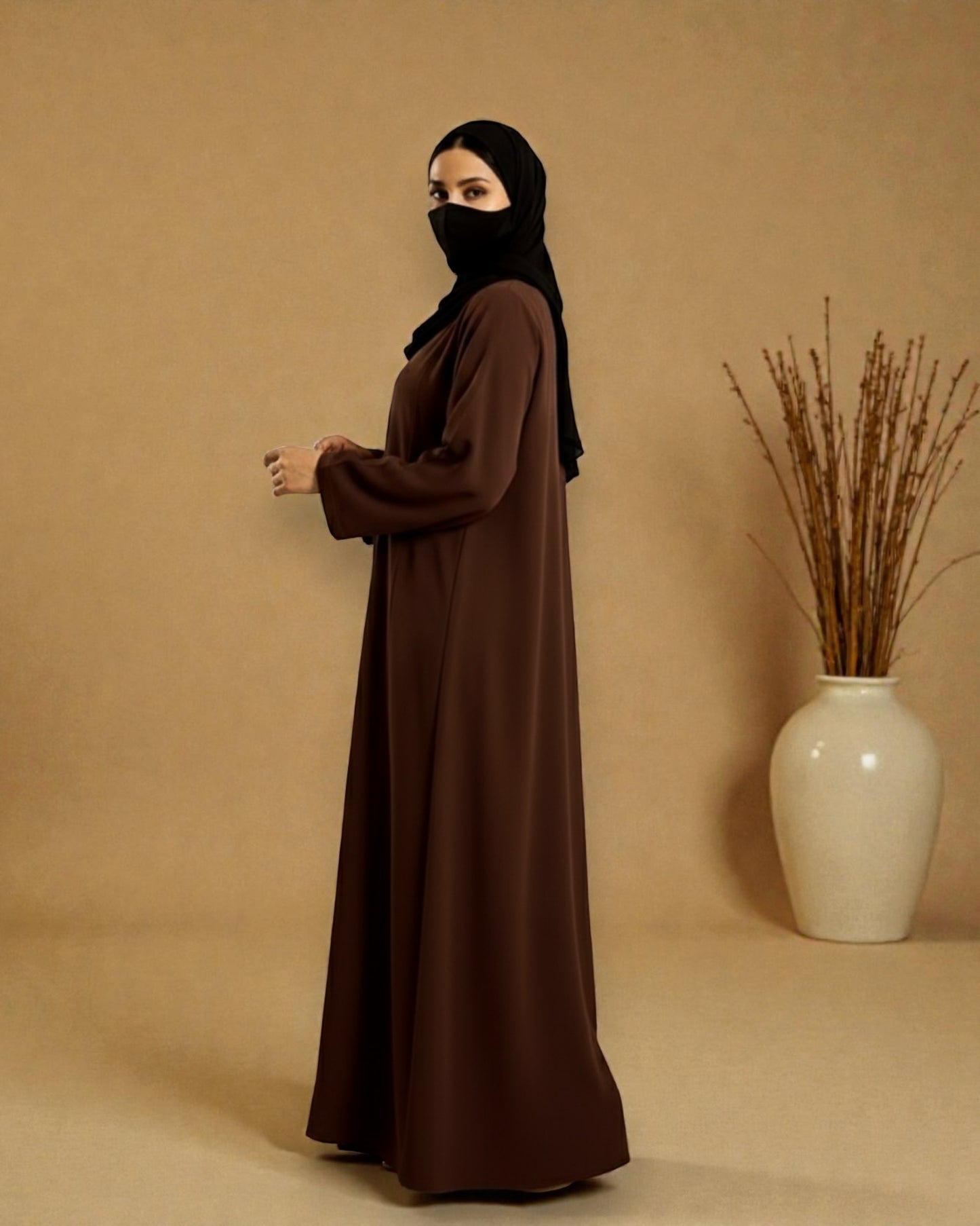 Premium Front Open Abaya for Women in Seltos Fabric with Pin Tuck Detailing and Black Hijab