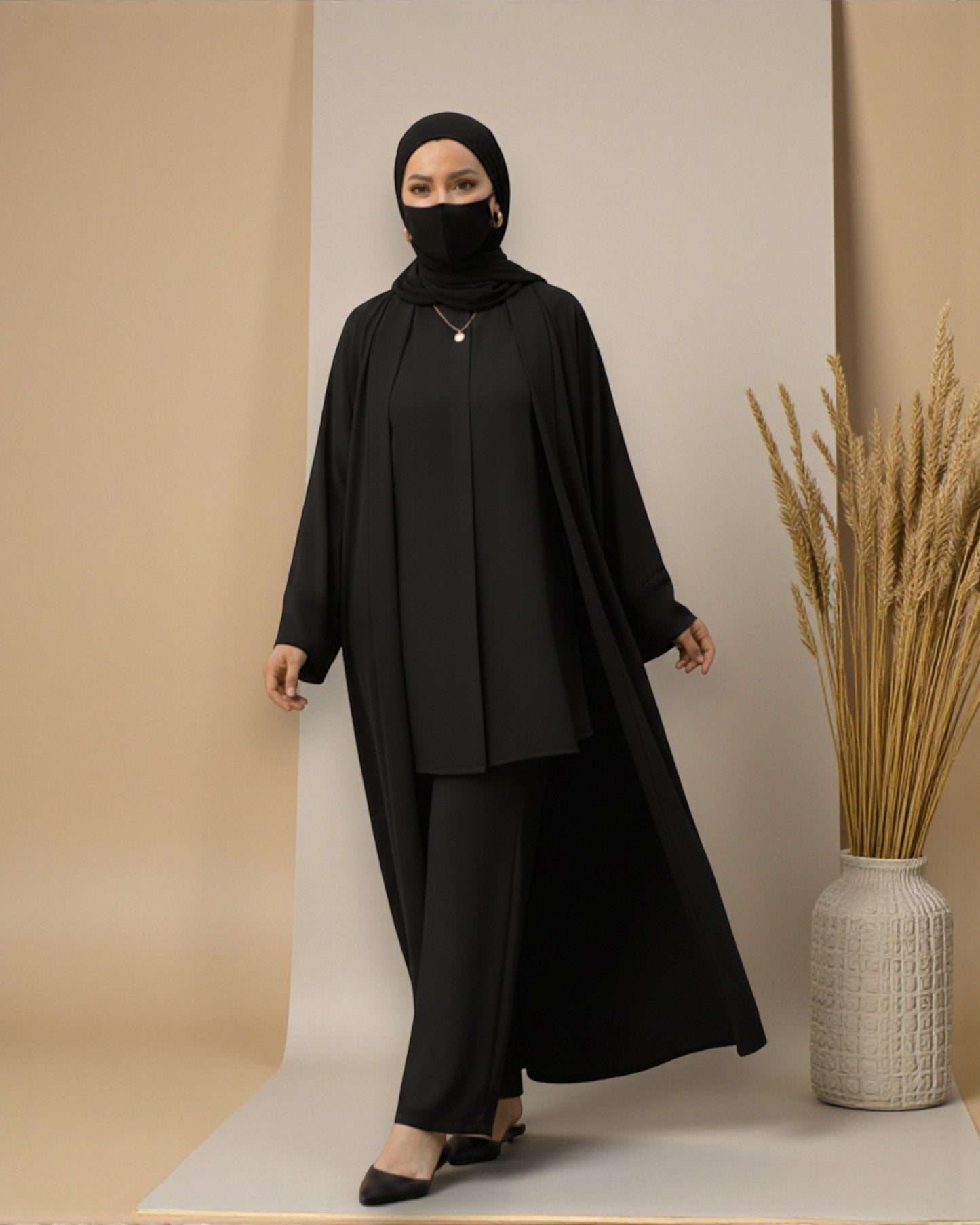 4-Piece Layered Co-Ord Set with Open Shrug & Hijab
