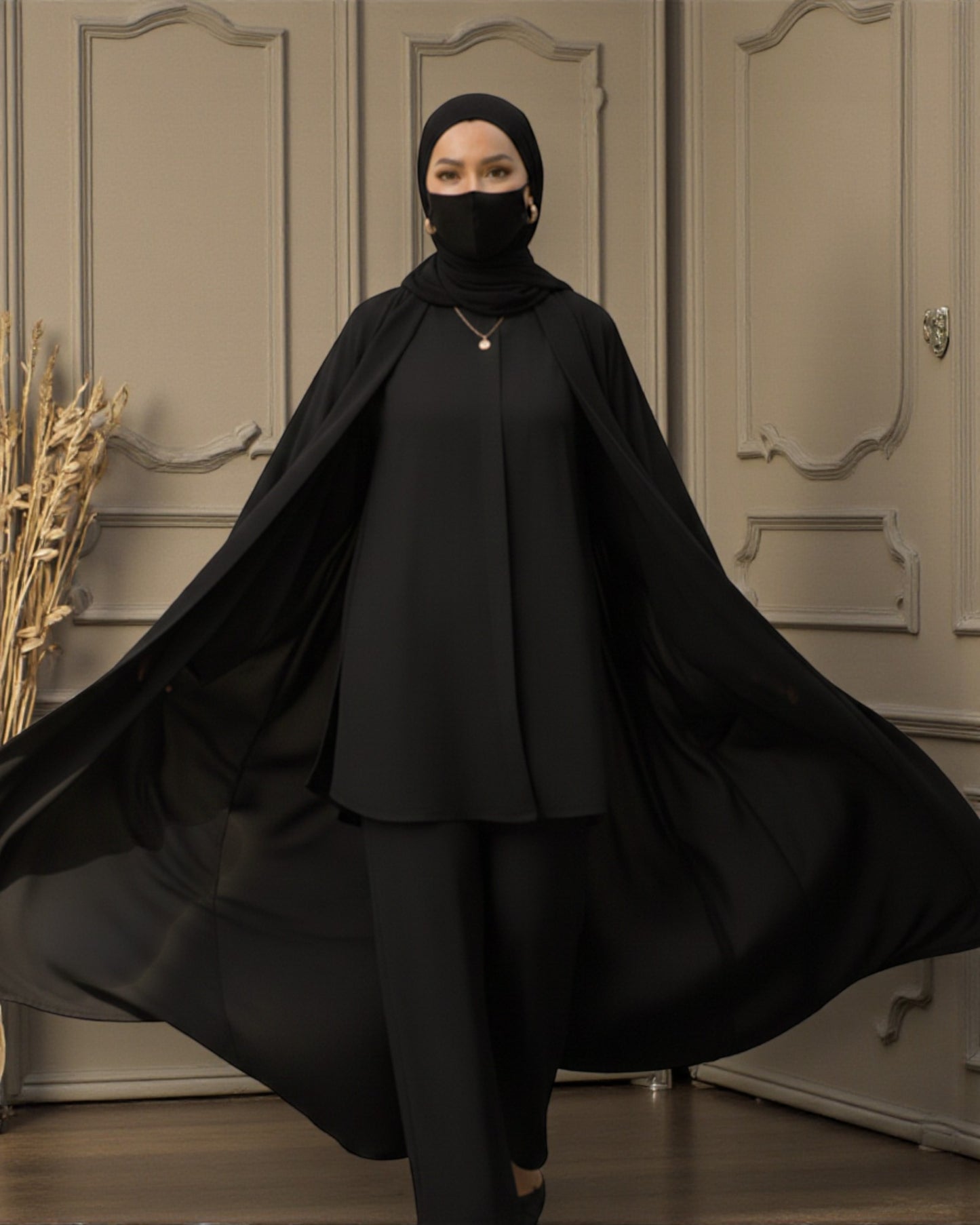 4-Piece Layered Co-Ord Set with Open Shrug & Hijab