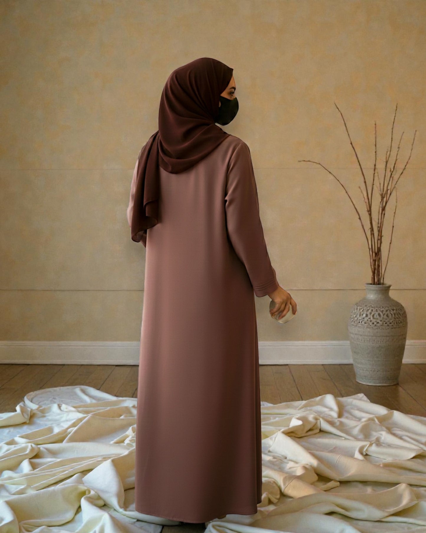 Premium Front Open Abaya for Women in Seltos Fabric with Pin Tuck Detailing and Black Hijab