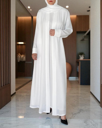 Front Open White Haj Abaya in Nida Satin with Inner and Hijab