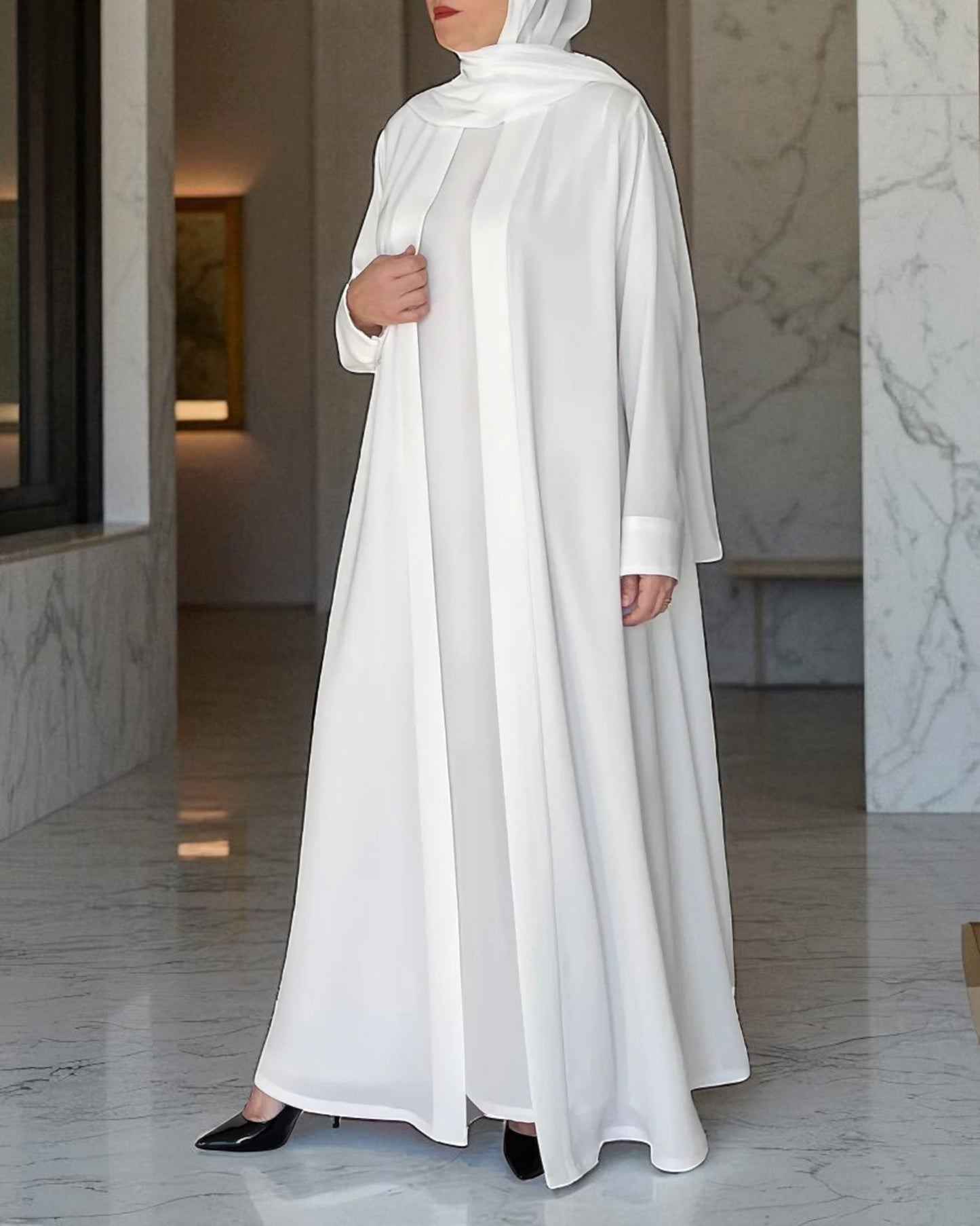 Front Open White Haj Abaya in Nida Satin with Inner and Hijab