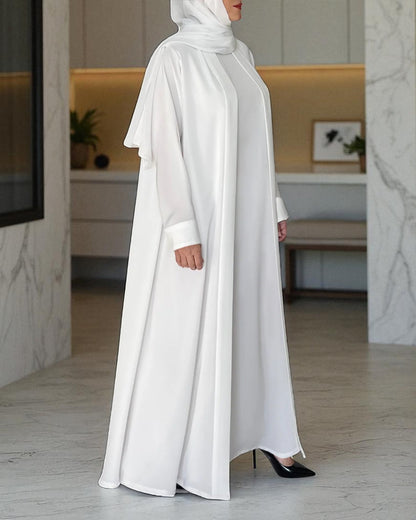 Front Open White Haj Abaya in Nida Satin with Inner and Hijab