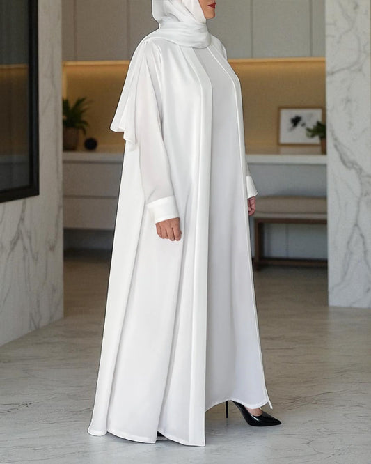 Front Open White Haj Abaya in Nida Satin with Inner and Hijab