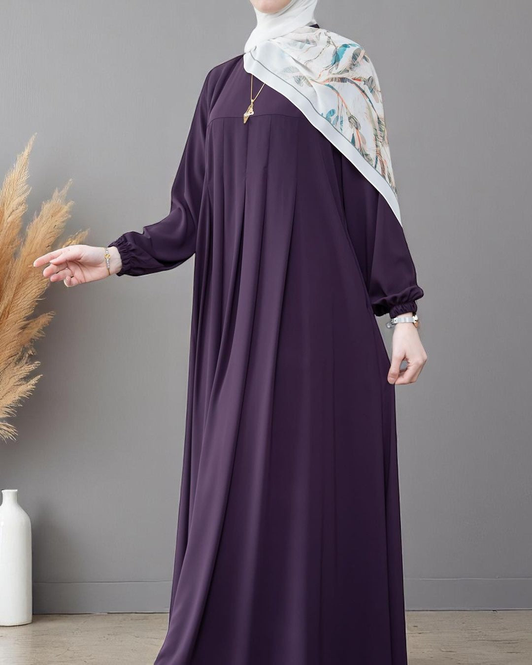 Simple & Elegant Firdaus Fabric Abaya with Pleats, Elasticated Cuffs, and Complimentary Hijab