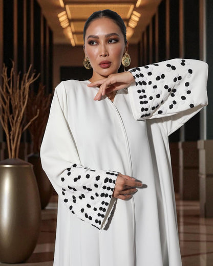 Dubai Abaya Design in White Prada with Black Embellished Sleeves