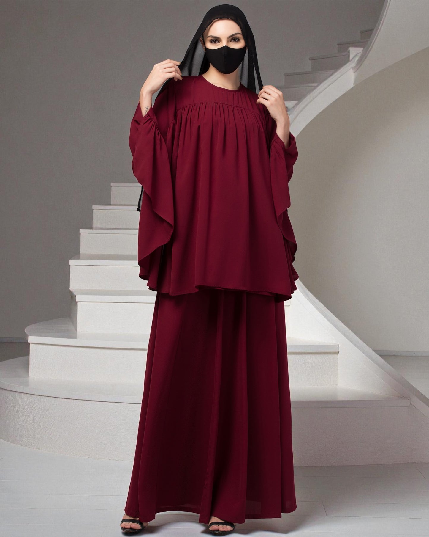 Modest Co-ord Set: Designer Loose-Fit Top with Frills and Flared Skirt