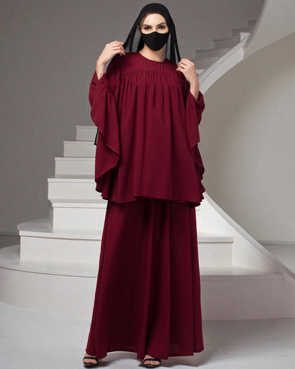 Modest Co-ord Set: Designer Loose-Fit Top with Frills and Flared Skirt