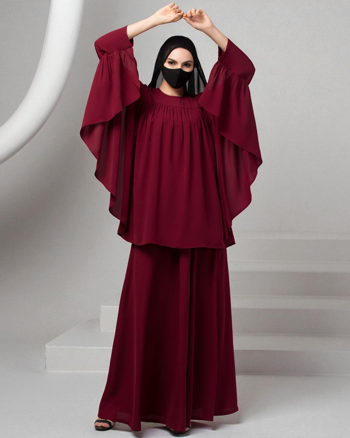 Modest Co-ord Set: Designer Loose-Fit Top with Frills and Flared Skirt