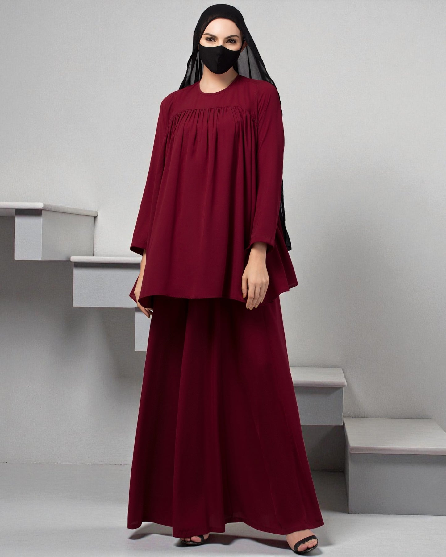 Modest Co-ord Set: Designer Loose-Fit Top with Frills and Flared Skirt