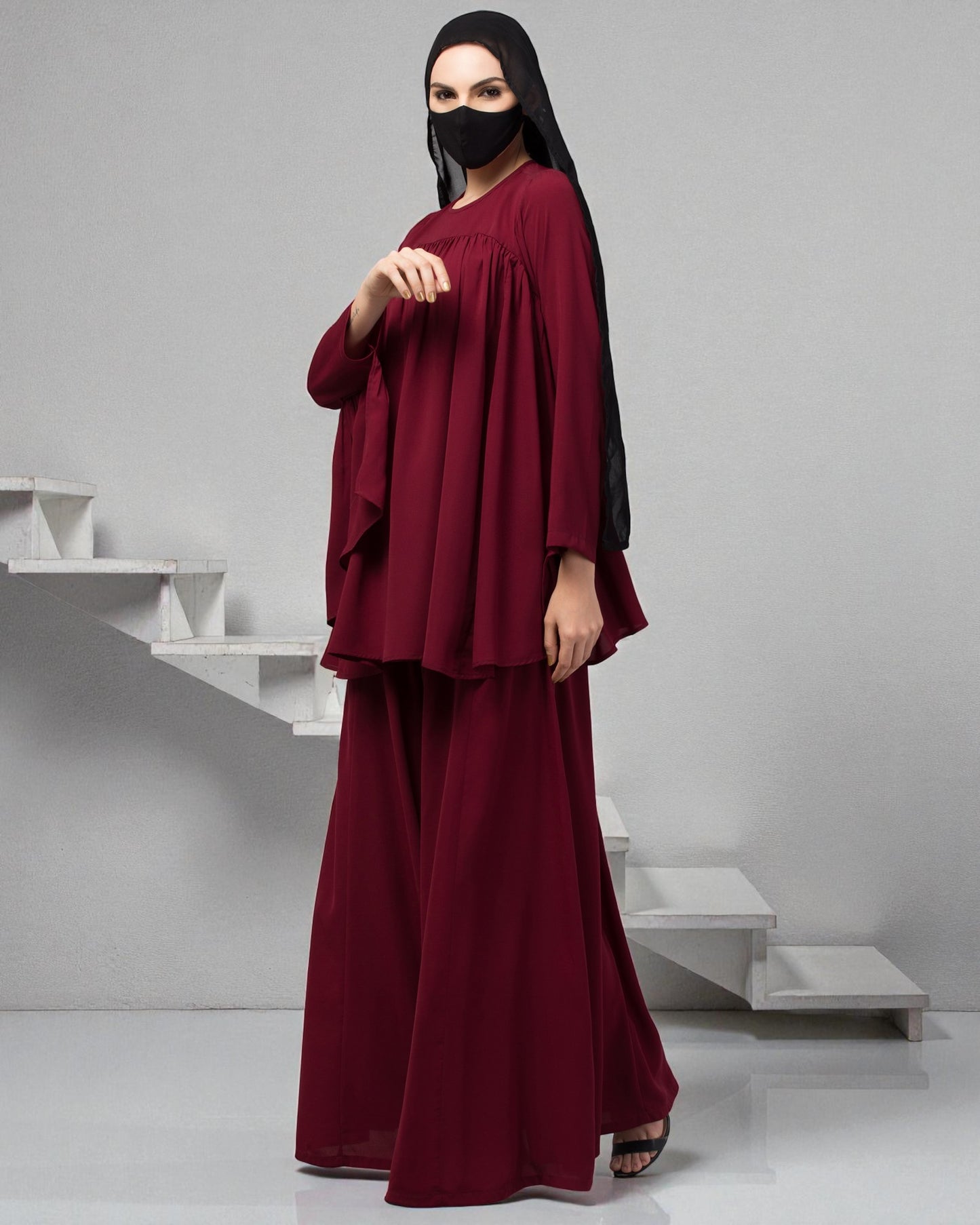 Modest Co-ord Set: Designer Loose-Fit Top with Frills and Flared Skirt