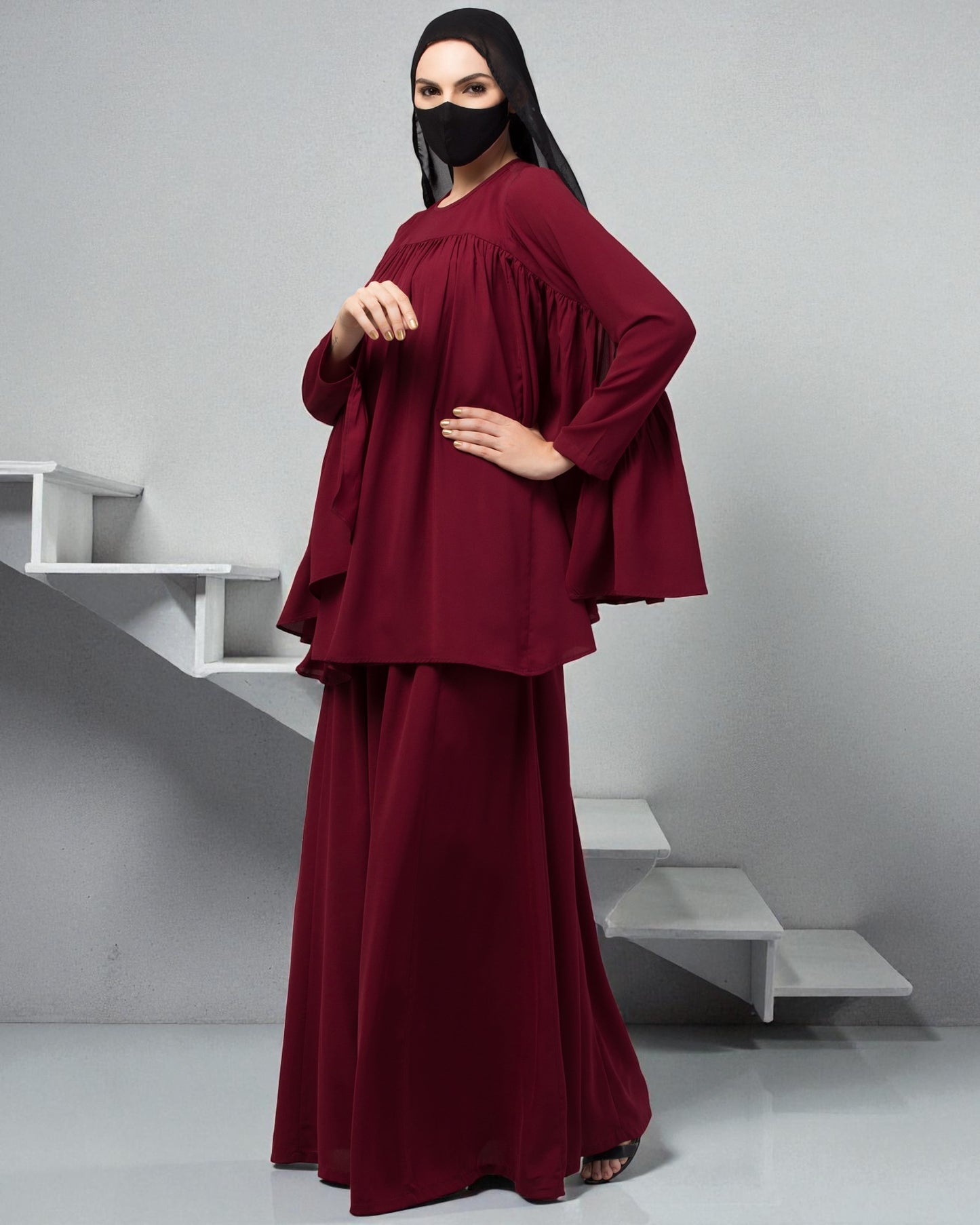 Modest Co-ord Set: Designer Loose-Fit Top with Frills and Flared Skirt