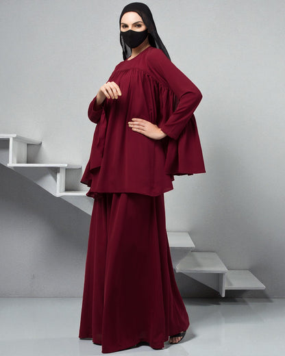 Modest Co-ord Set: Designer Loose-Fit Top with Frills and Flared Skirt