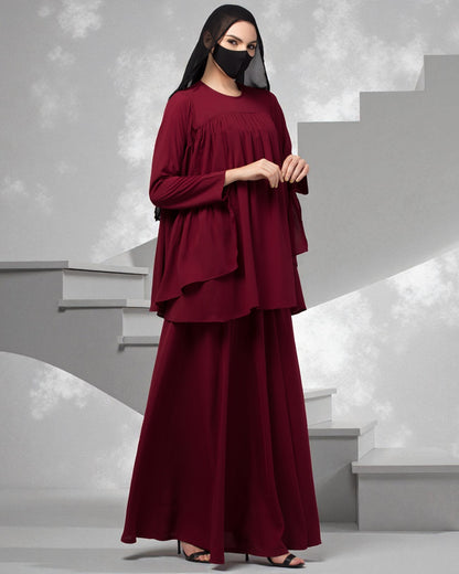 Modest Co-ord Set: Designer Loose-Fit Top with Frills and Flared Skirt