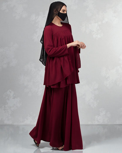 Modest Co-ord Set: Designer Loose-Fit Top with Frills and Flared Skirt