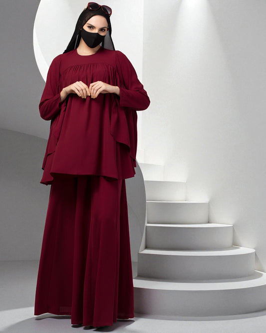 Modest Co-ord Set: Designer Loose-Fit Top with Frills and Flared Skirt