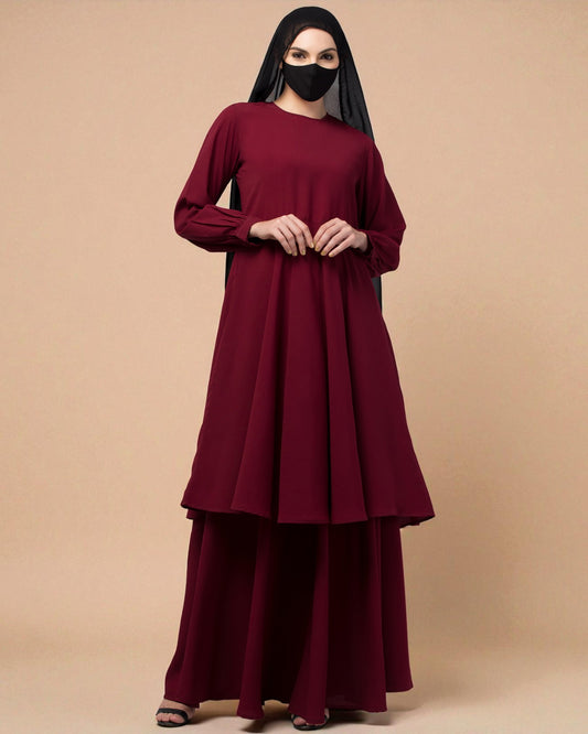 Modest Co-ord Set: Loose-Fit Long Top with Elasticated Sleeves and Flared Skirt.