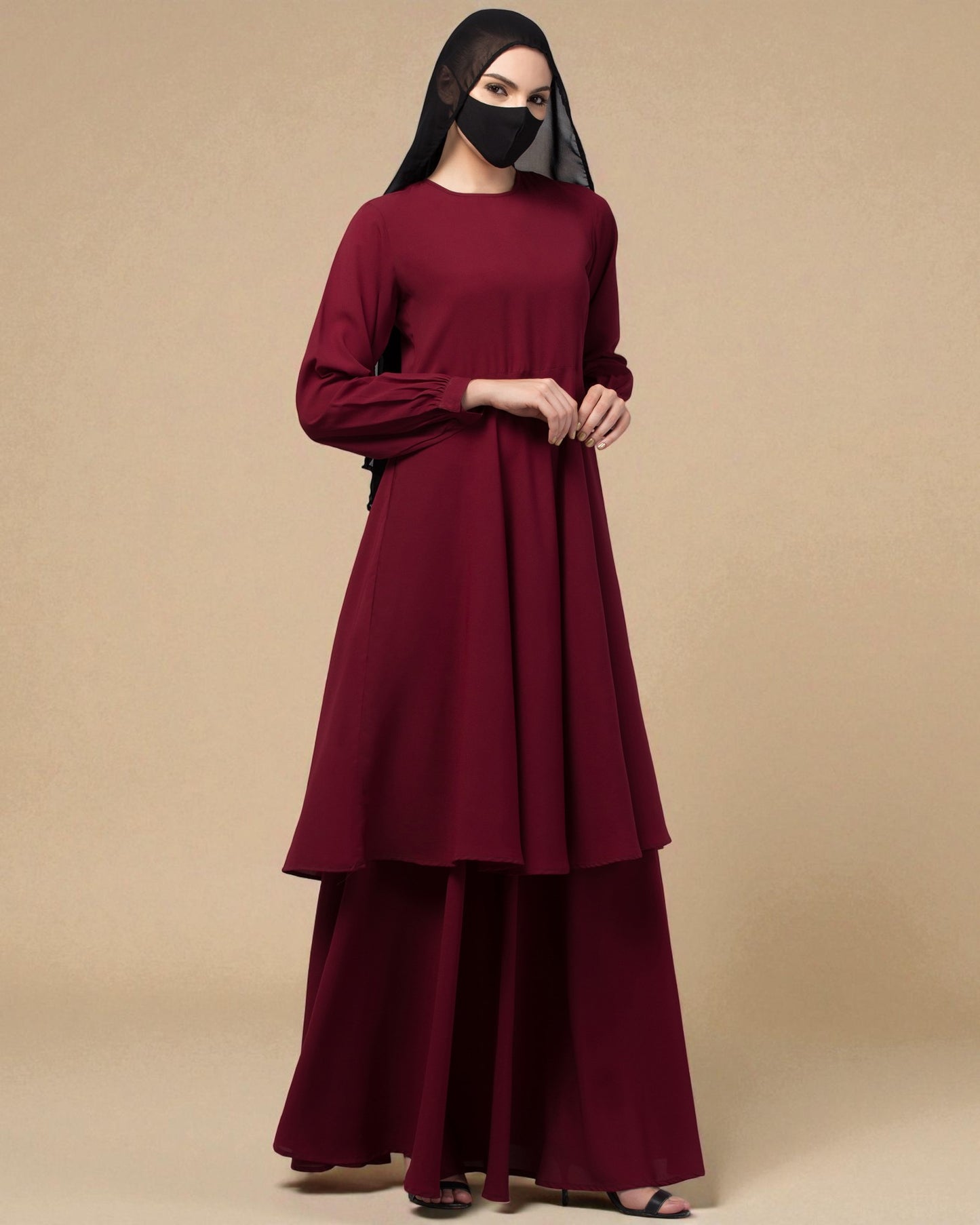 Modest Co-ord Set: Loose-Fit Long Top with Elasticated Sleeves and Flared Skirt.