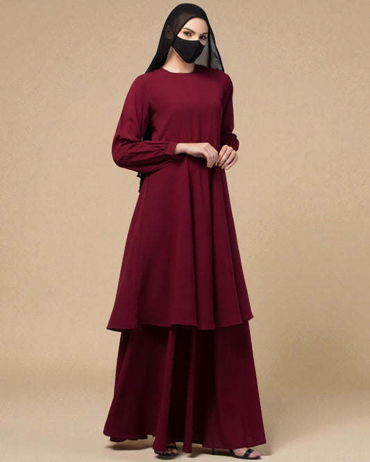 Modest Co-ord Set: Loose-Fit Long Top with Elasticated Sleeves and Flared Skirt.