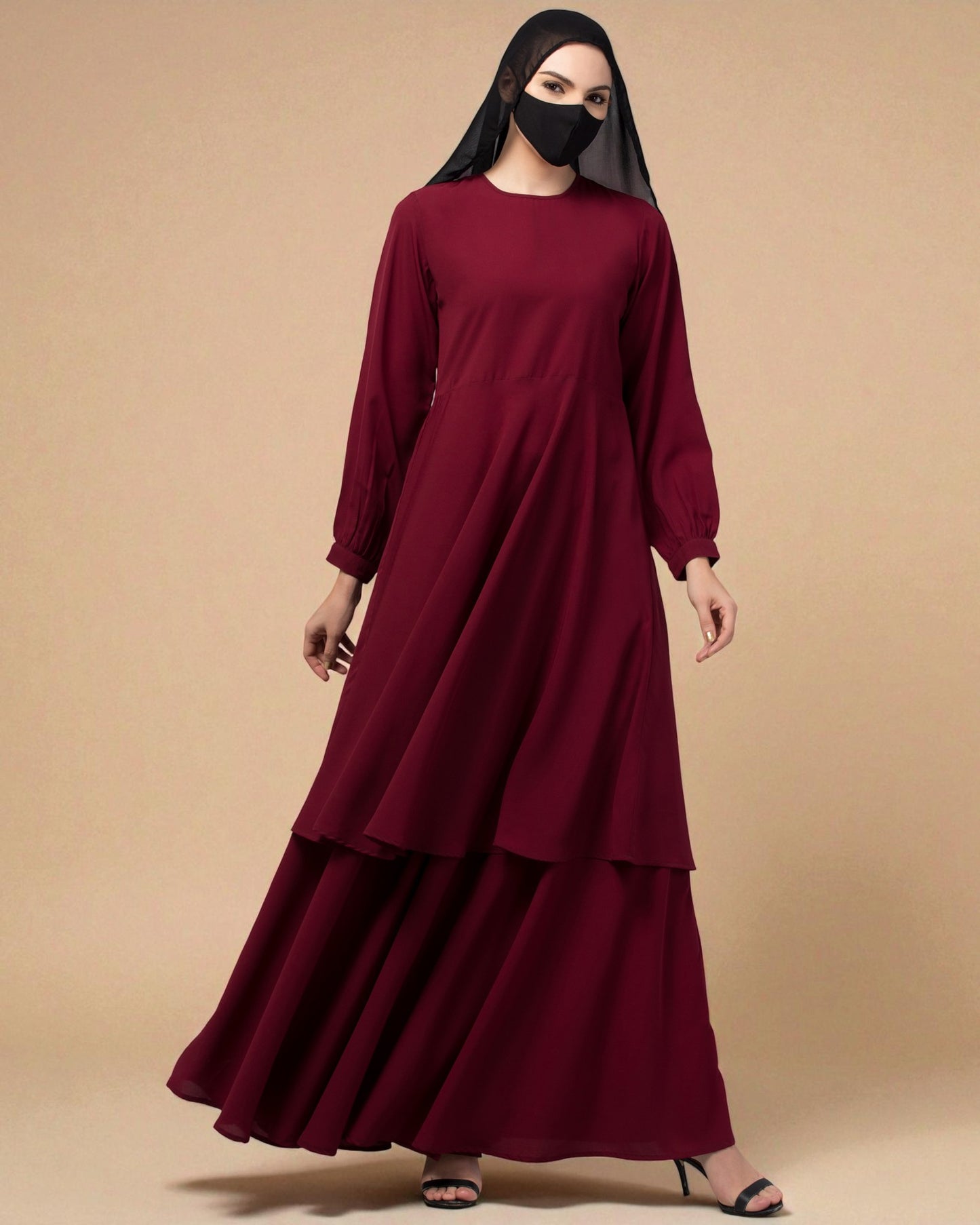 Modest Co-ord Set: Loose-Fit Long Top with Elasticated Sleeves and Flared Skirt.