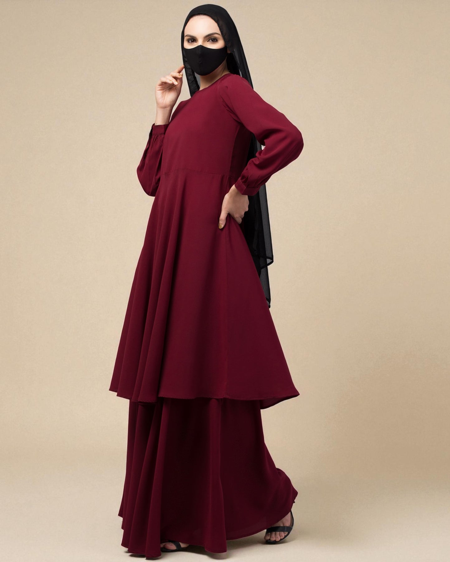 Modest Co-ord Set: Loose-Fit Long Top with Elasticated Sleeves and Flared Skirt.