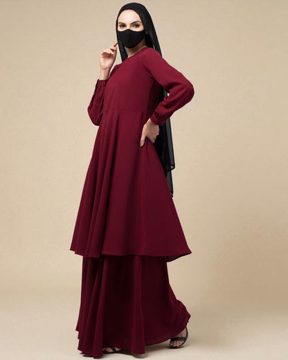 Modest Co-ord Set: Loose-Fit Long Top with Elasticated Sleeves and Flared Skirt.