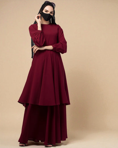 Modest Co-ord Set: Loose-Fit Long Top with Elasticated Sleeves and Flared Skirt.
