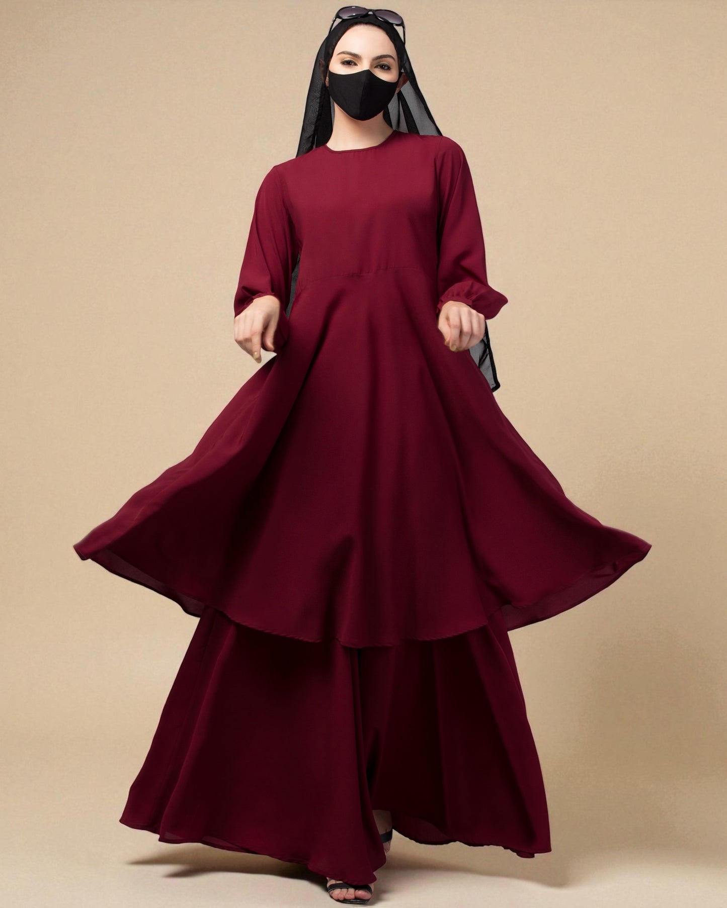 Modest Co-ord Set: Loose-Fit Long Top with Elasticated Sleeves and Flared Skirt.