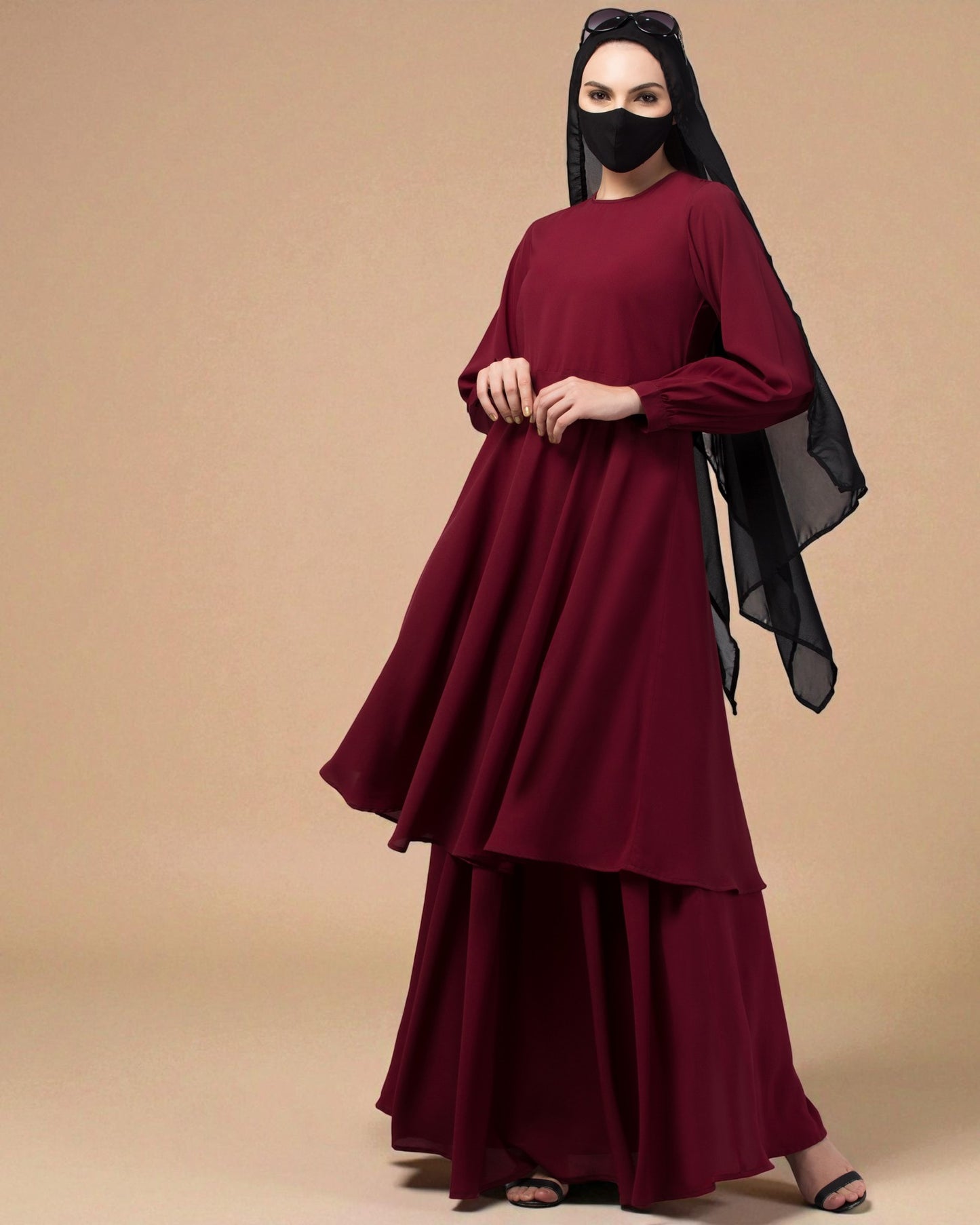 Modest Co-ord Set: Loose-Fit Long Top with Elasticated Sleeves and Flared Skirt.