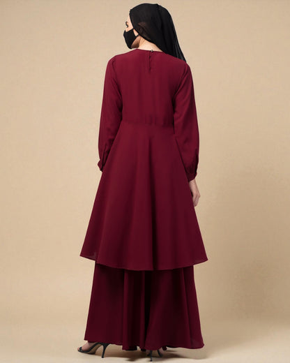 Modest Co-ord Set: Loose-Fit Long Top with Elasticated Sleeves and Flared Skirt.