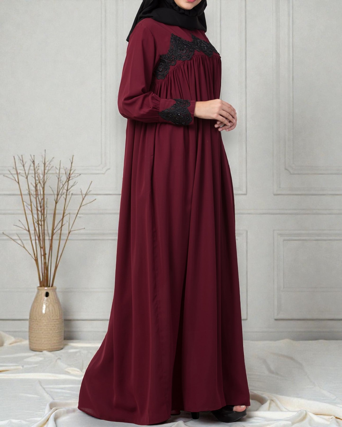Lose Fit Abaya Like Dress With  Pearl Lace Work-Medium