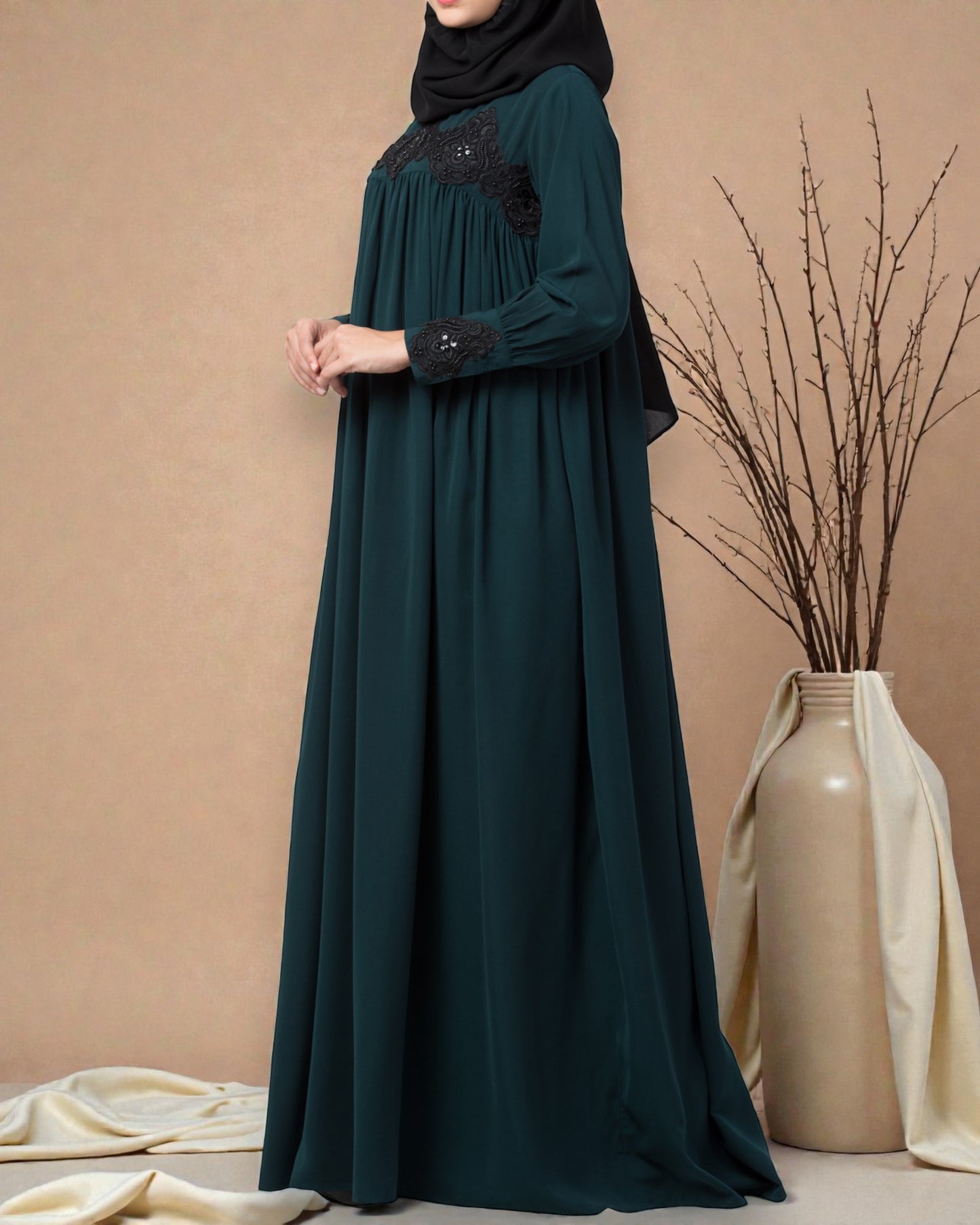 Lose Fit Abaya Like Dress With  Pearl Lace Work-Medium