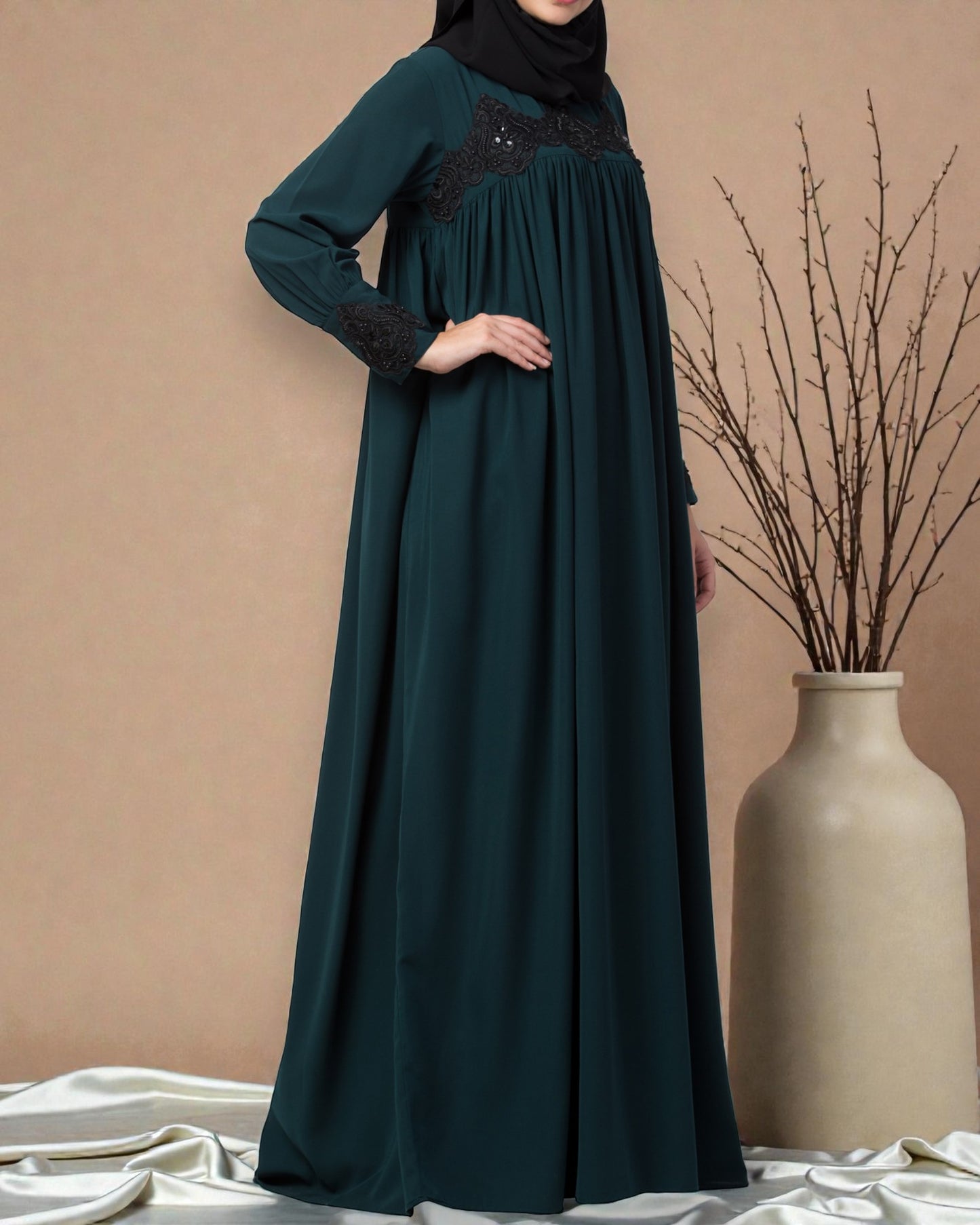Lose Fit Abaya Like Dress With  Pearl Lace Work-Medium