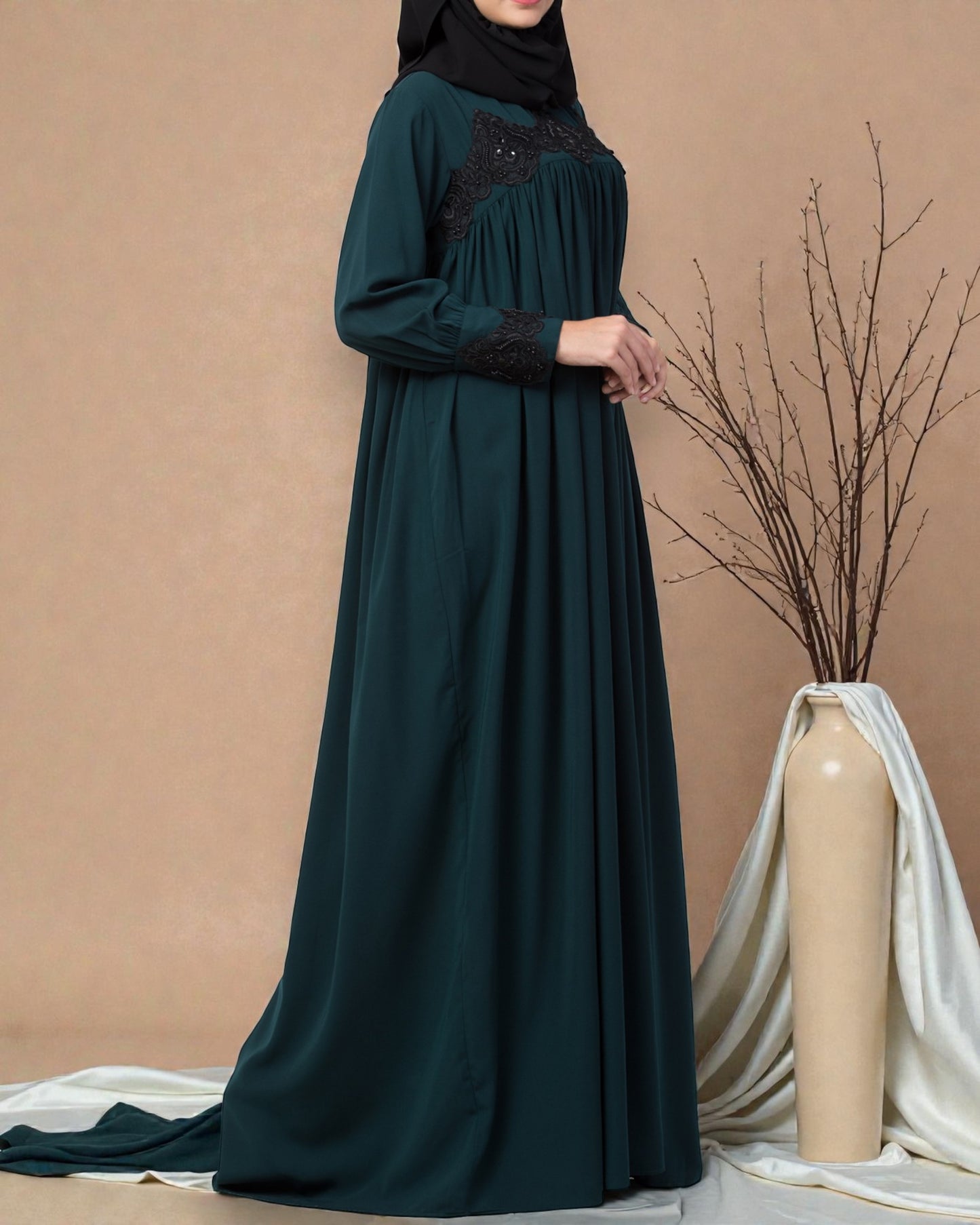 Lose Fit Abaya Like Dress With  Pearl Lace Work-Medium