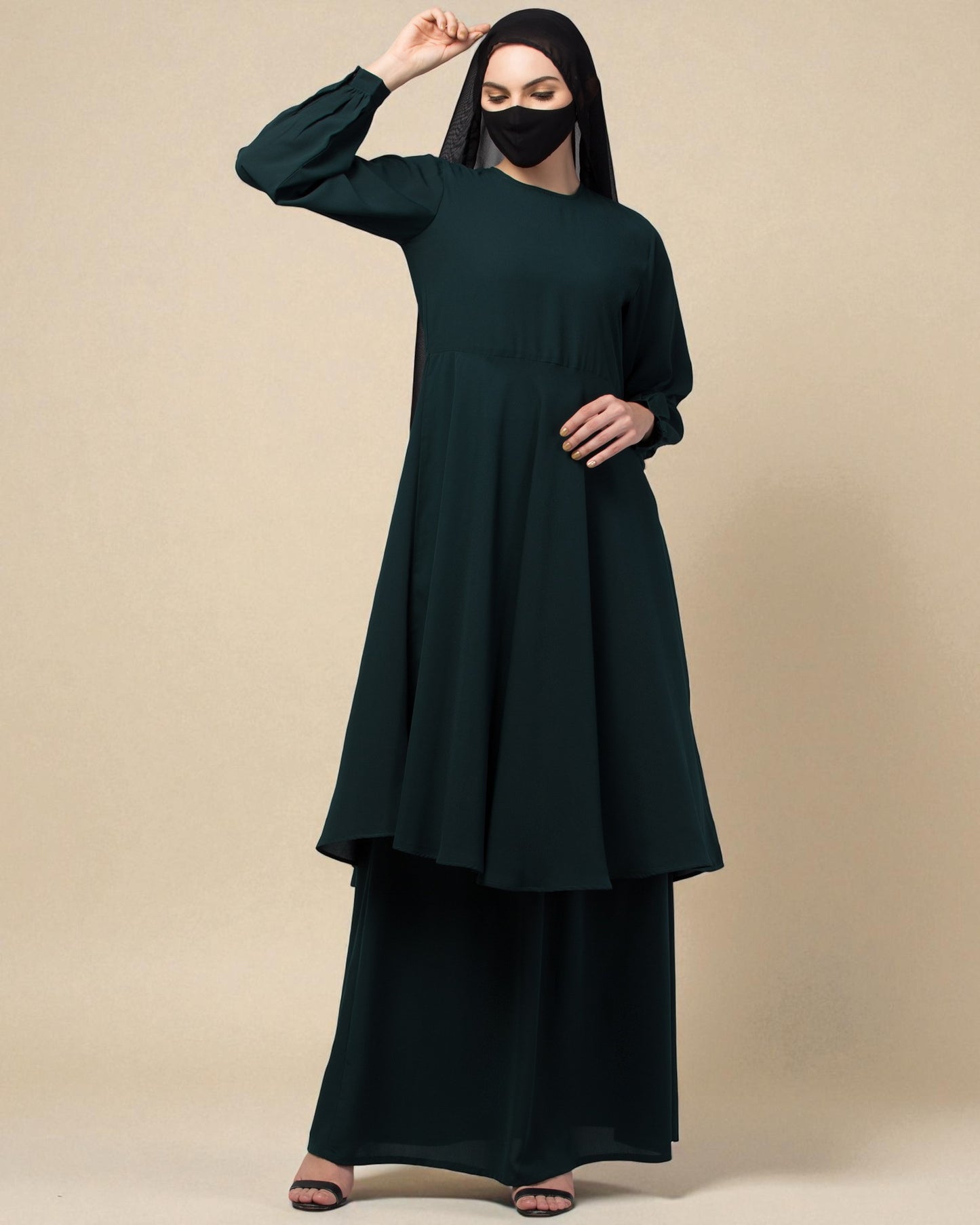 Modest Co-ord Set: Loose-Fit Long Top with Elasticated Sleeves and Flared Skirt.