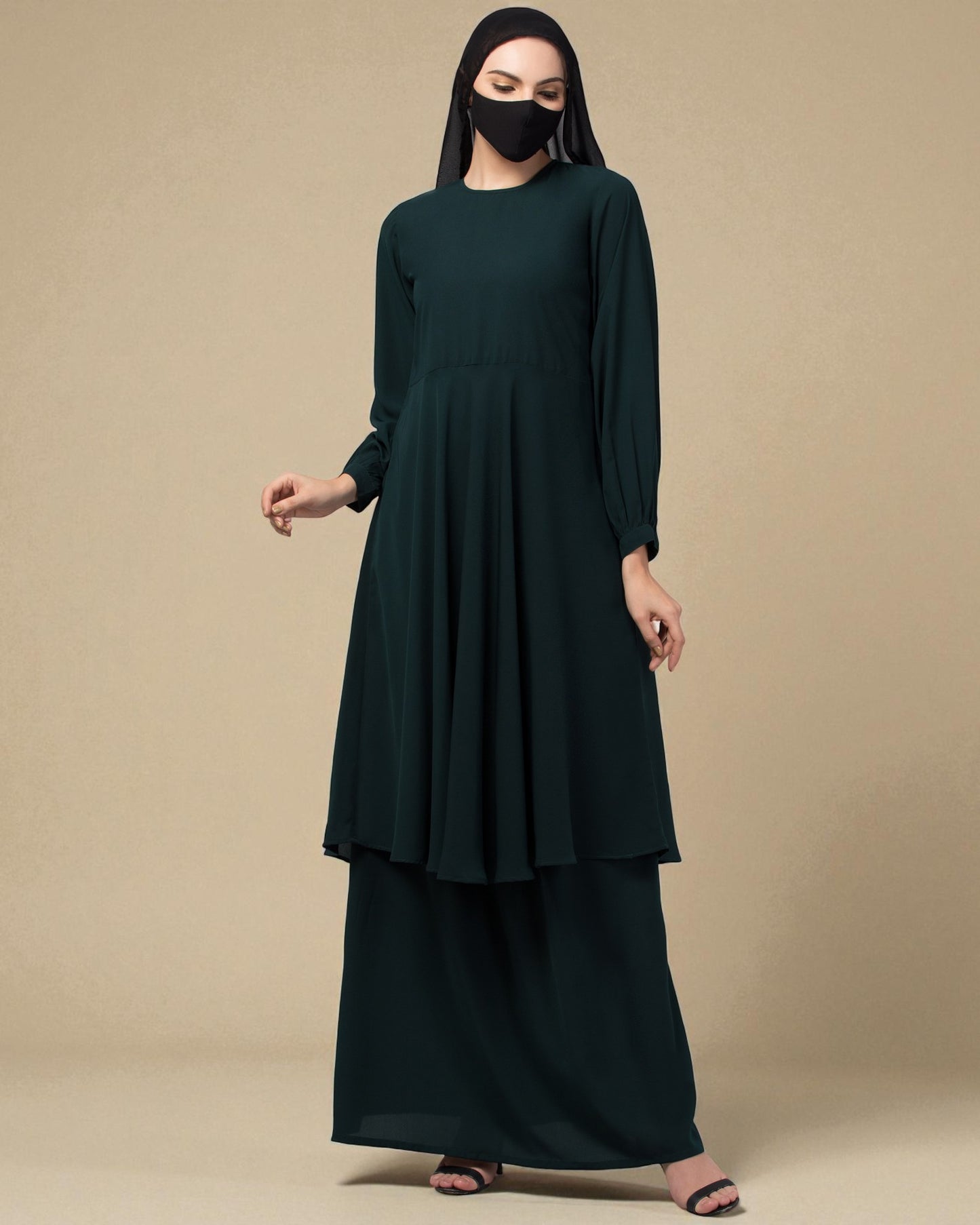 Modest Co-ord Set: Loose-Fit Long Top with Elasticated Sleeves and Flared Skirt.