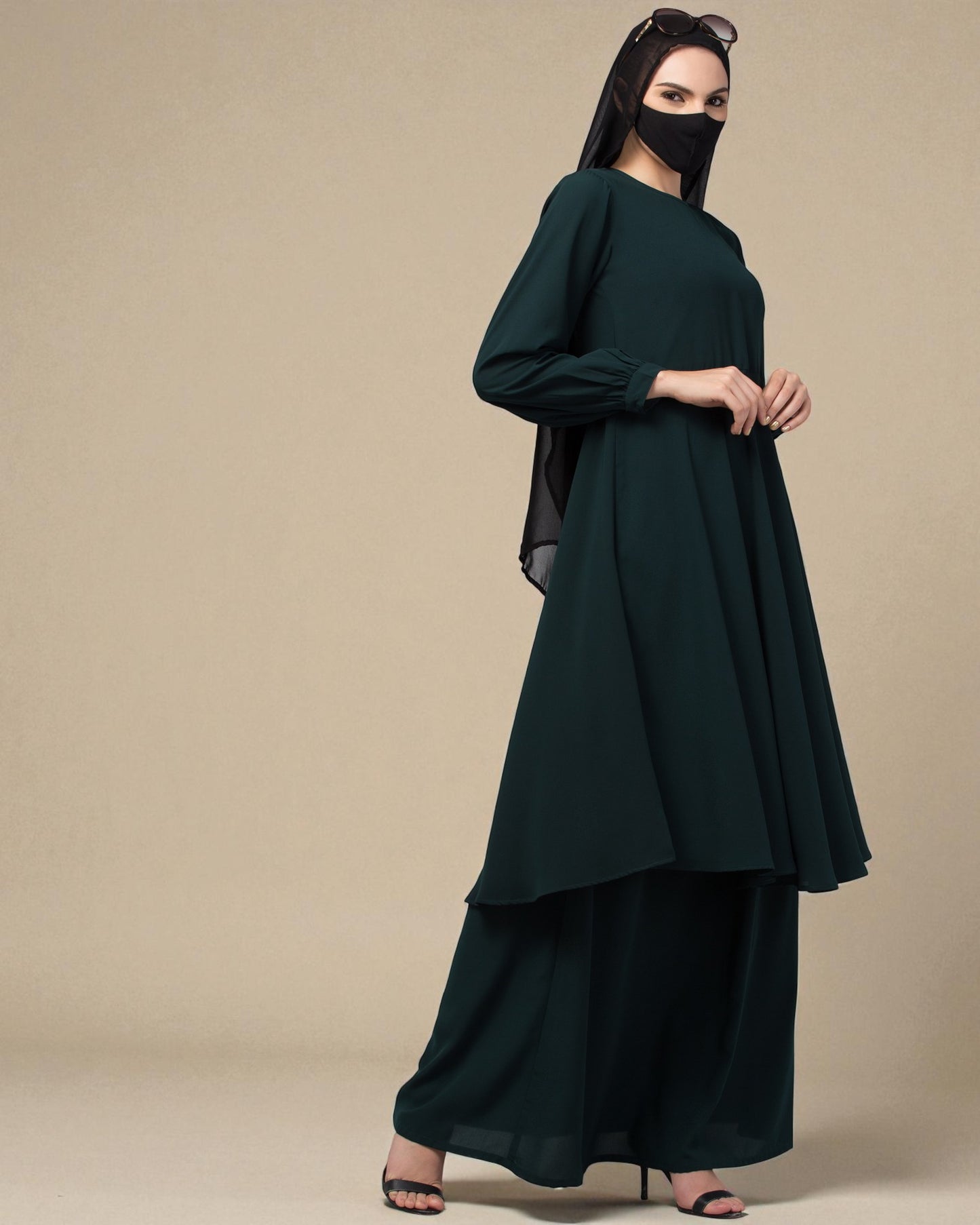 Modest Co-ord Set: Loose-Fit Long Top with Elasticated Sleeves and Flared Skirt.