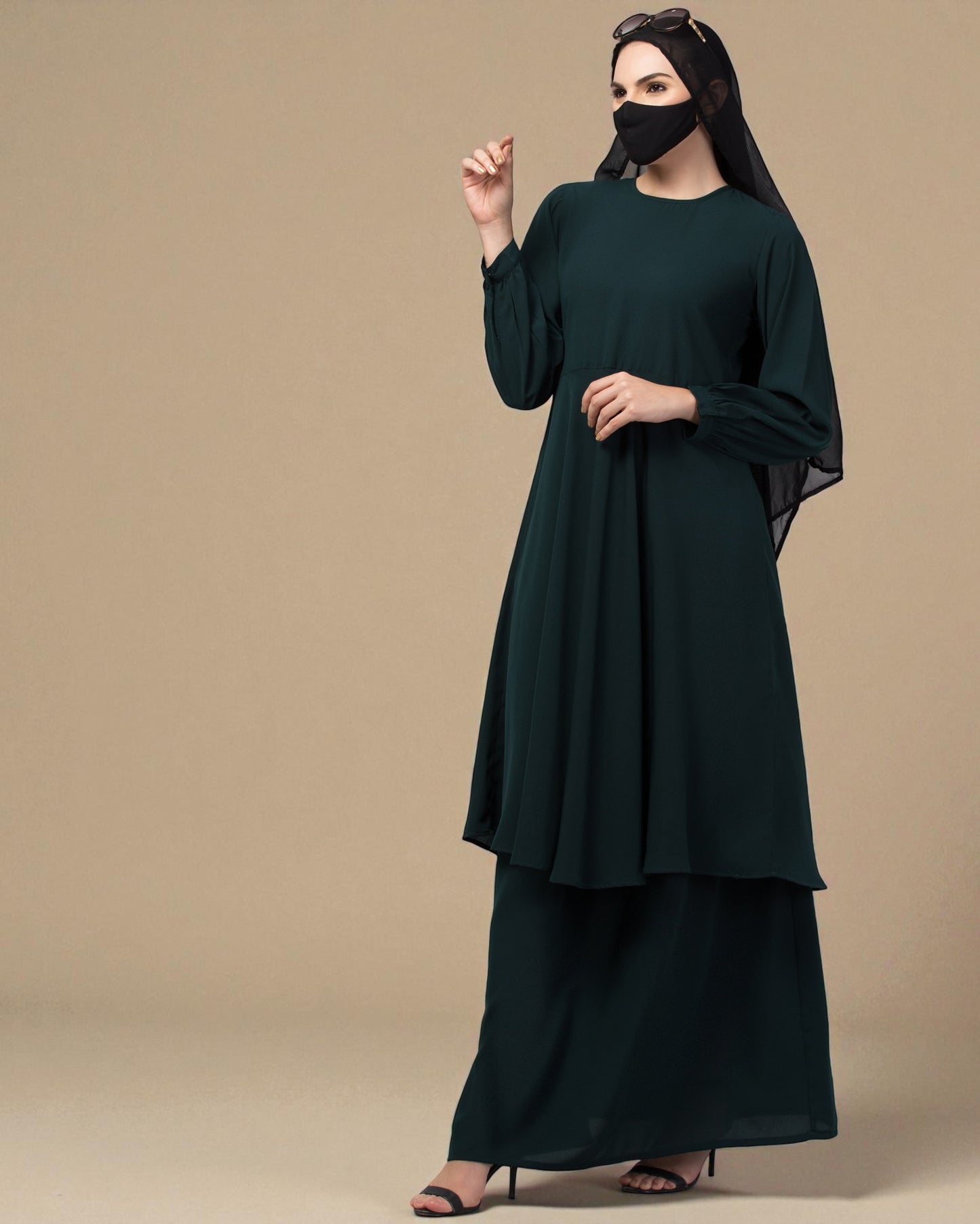 Modest Co-ord Set: Loose-Fit Long Top with Elasticated Sleeves and Flared Skirt.