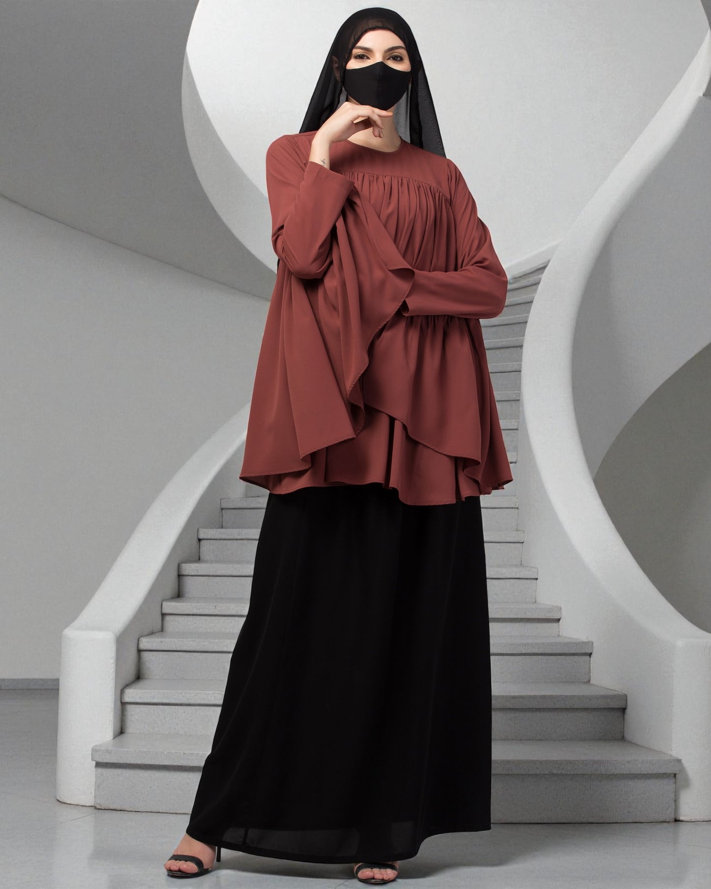 Modest Co-ord Set: Designer Loose-Fit Top with Frills and Flared Skirt