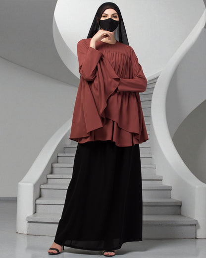 Modest Co-ord Set: Designer Loose-Fit Top with Frills and Flared Skirt
