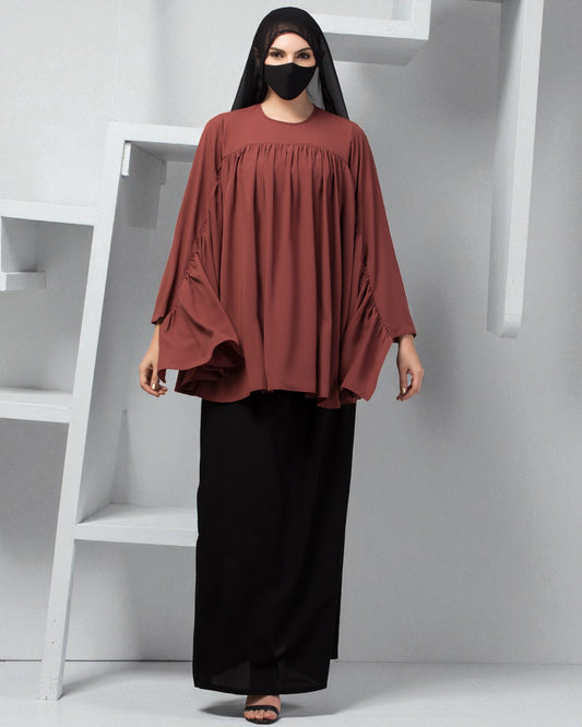 Modest Co-ord Set: Designer Loose-Fit Top with Frills and Flared Skirt