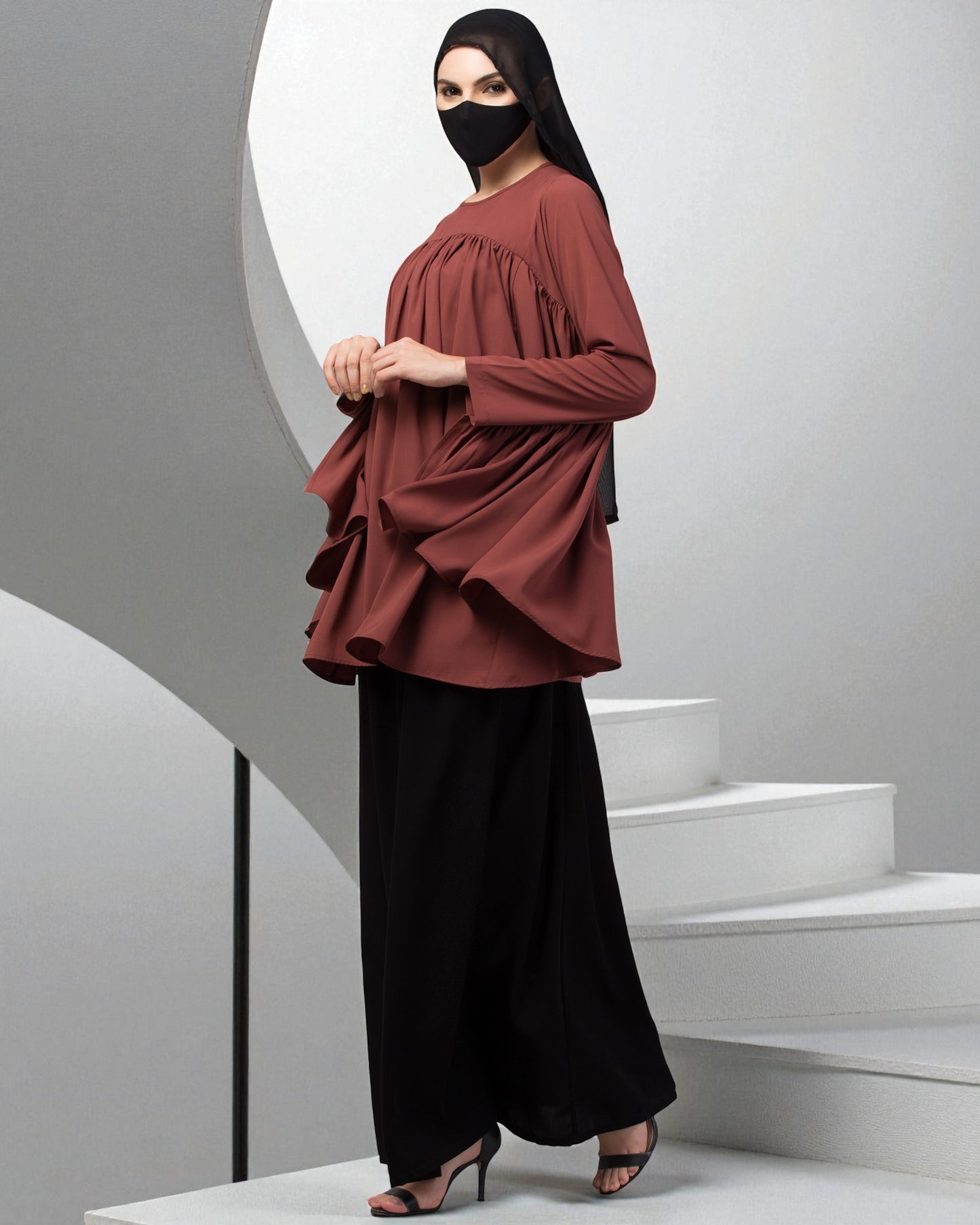 Modest Co-ord Set: Designer Loose-Fit Top with Frills and Flared Skirt