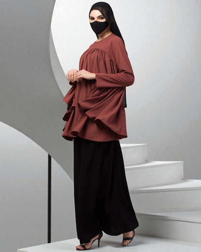 Modest Co-ord Set: Designer Loose-Fit Top with Frills and Flared Skirt