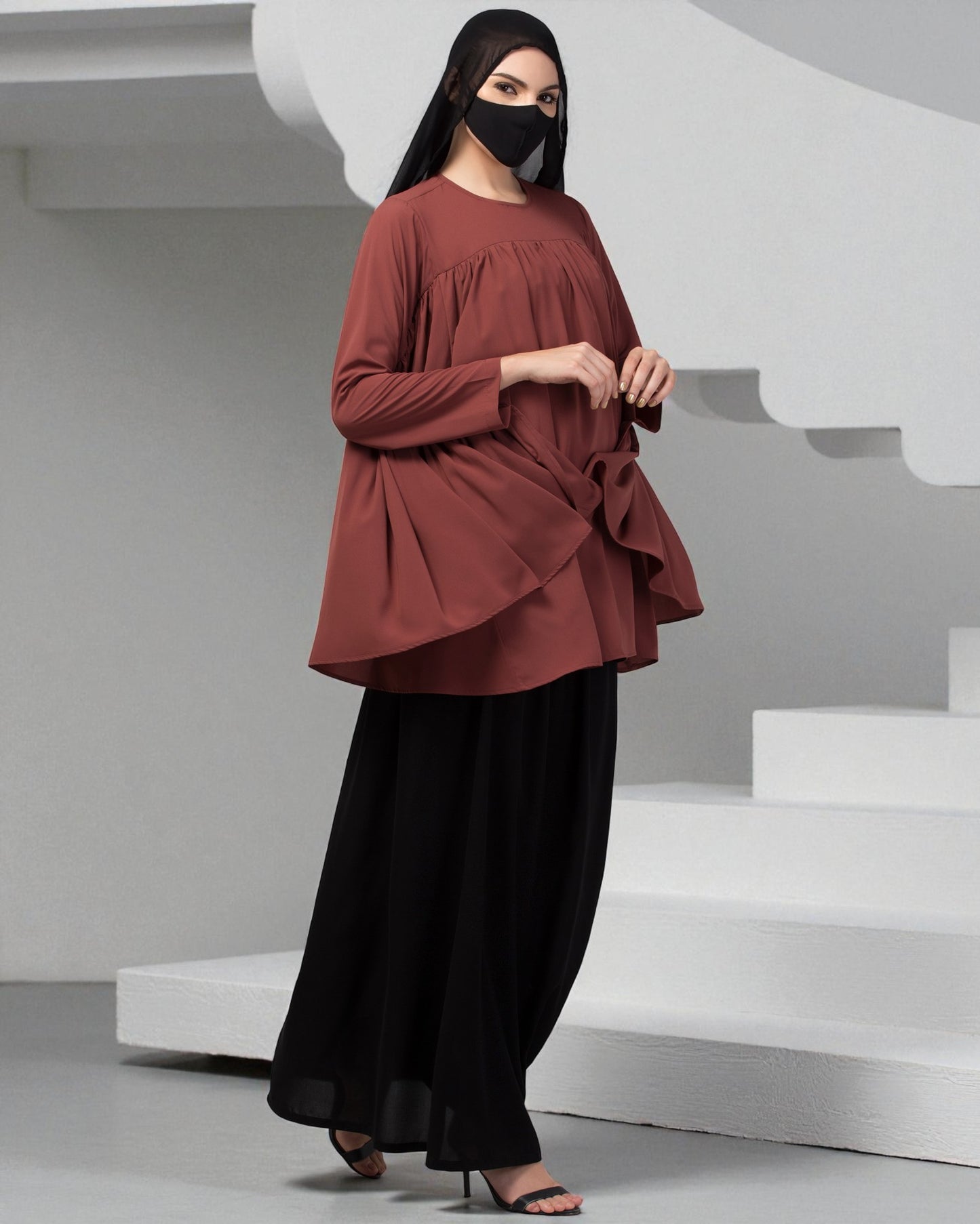 Modest Co-ord Set: Designer Loose-Fit Top with Frills and Flared Skirt