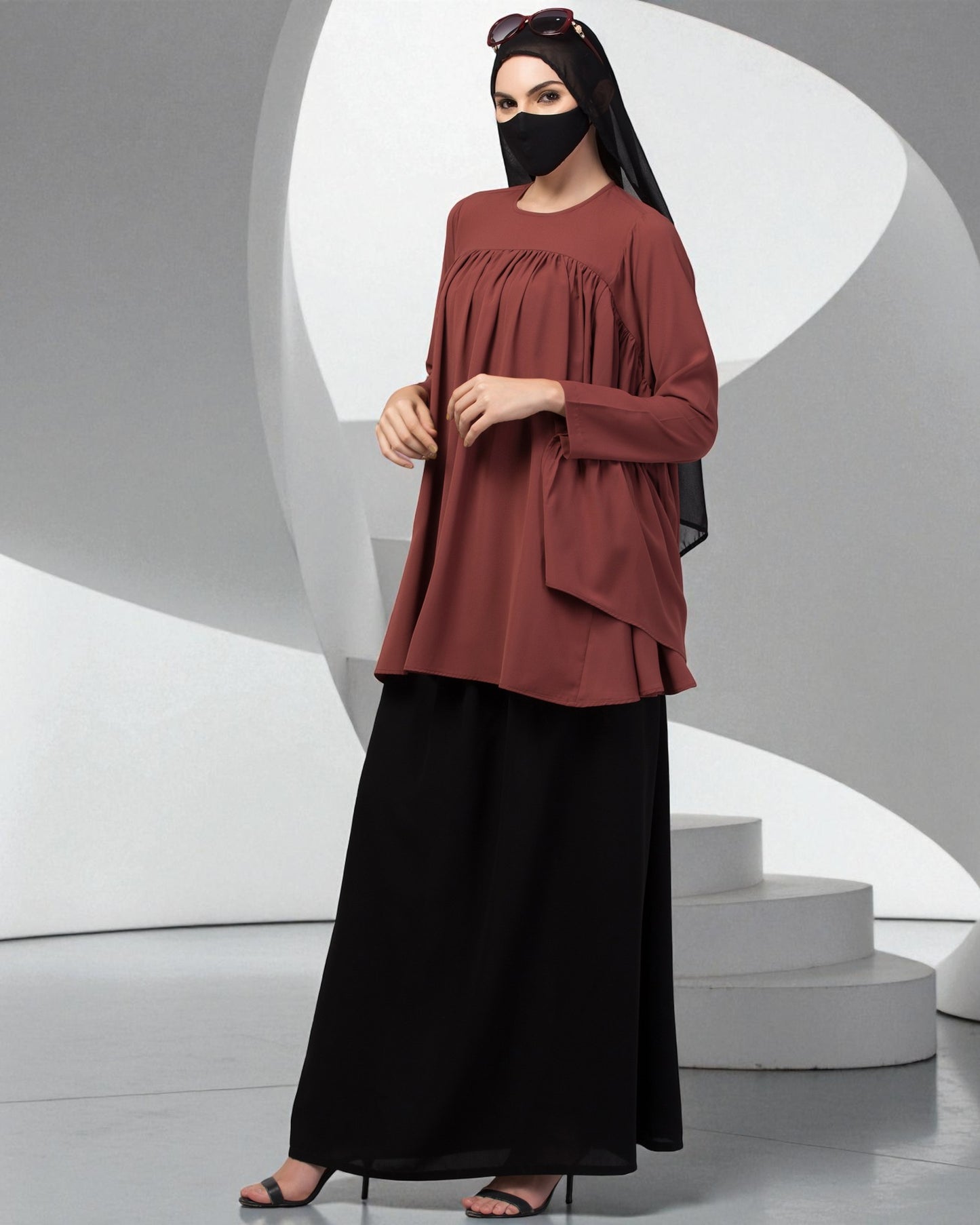 Modest Co-ord Set: Designer Loose-Fit Top with Frills and Flared Skirt