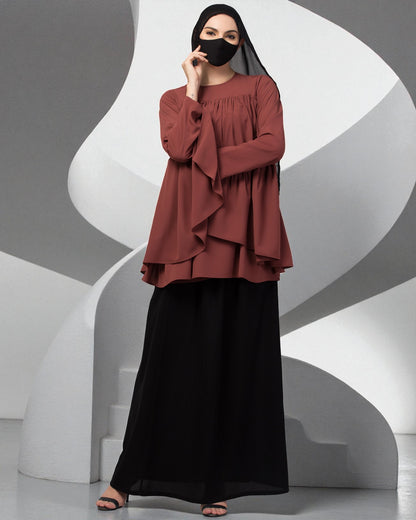 Modest Co-ord Set: Designer Loose-Fit Top with Frills and Flared Skirt
