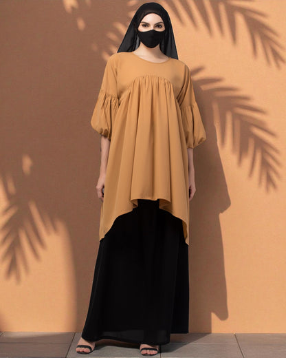Modest Co-ord Set: Designer Long Top with Balloon Sleeves and Flared Skirt