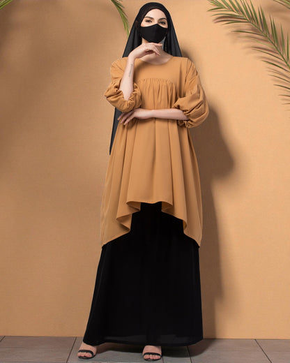 Modest Co-ord Set: Designer Long Top with Balloon Sleeves and Flared Skirt